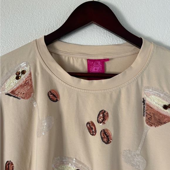 Queen of Sparkles Cotton light Brown Sequins Scattered Espresso Martini Tee - Picture 5 of 13